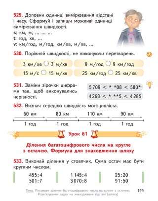 529. Доповни одиниці вимірювання відстані
і  часу. Сформуй і  запиши можливі одиниці
вимірювання швидкості.
s: км, м,  ... ... ...
t: год, хв, ...
v: км/год, м/год, км/хв, м/хв, ...
530. Порівняй швидкості, не виконуючи перетворень.
3 км/хв 3 м/хв 9 м/год 9 км/год
15 м/с 15 м/хв 25 км/год 25 км/хв
531. Заміни зірочки цифра-
ми так, щоб виконувались
нерівності.
5 709 < * *08 < 580*
4 268 < * **5 < 4 285
Ділення багатоцифрового числа на кругле
з  остачею. Формула для знаходження шляху
Урок 61
533. Виконай ділення у  стовпчик. Сума остач має бути
круглим числом.
455:4
501:7
1 145:4
3 070:8
25:20
91:50
532. Визнач середню швидкість мотоцикліста.
1 год
60 км
1 год
110 км
1 год
80 км
1 год
90 км
199
Тема. Письмове ділення багатоцифрового числа на кругле з  остачею.
Розв’язування задач на знаходження відстані (шляху)
 