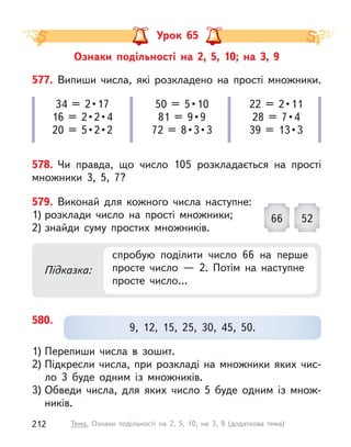 Ознаки подільності на 2, 5, 10; на 3, 9
Урок 65
577. Випиши числа, які розкладено на прості множники.
578. Чи правда, що число 105 розкладається на прості
множники 3, 5, 7?
580.
1) Перепиши числа в  зошит.
2) Підкресли числа, при розкладі на множники яких чис-
ло 3  буде одним із множників.
3) Обведи числа, для яких число 5 буде одним із множ-
ників.
9, 12, 15, 25, 30, 45, 50.
34  =  2 • 17
16  =  2 • 2 • 4
20  =  5 • 2 • 2
50  =  5 • 10
81  =  9 • 9
72  =  8 • 3 • 3
22  =  2 • 11
28  =  7 • 4
39  =  13 • 3
579. Виконай для кожного числа наступне:
1) розклади число на прості множники;
2) знайди суму простих множників.
52
66
Підказка:
спробую поділити число 66 на перше
просте число  — 2. Потім на наступне
просте число…
212 Тема. Ознаки подільності на 2, 5, 10; на 3, 9 (додаткова тема)
 