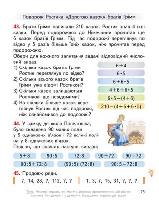 Подорож Ростика «Дорогою казок» братів Грімм
44. У  замку, де жила Попелюшка,
було складено 90 малих полін
у  5  однакових в’язок і  72 великі полі-
на у  8 однакових в’язок.
Поясни, що значать наступні вирази:
5+8 72:8 90+72 90–72
90:5
90:5–72:8
90:5+72:8 (90:5):(72:8)
43. Брати Грімм написали 210 казок. Ростик знав 4 їхні
казки. Перед подорожжю до Німеччини прочитав ще
6  казок братів Грімм. Під час подорожі переглянув по
відео у  5  разів більше їхніх казок, ніж прочитав перед
подорожжю.
Обери для кожного запитання задачі відповідний число-
вий вираз.
1) Скільки казок братів Грімм
Ростик переглянув по відео?
2) Скільки всього казок братів
Грімм уже відомі Ростикові?
3) Скільки казок залишаються
Ростикові ще невідомими?
4) На скільки більше казок пере-
глянув Ростик під час подорожі,
ніж ознайомився до подорожі?
6+4
6 • 5
6 + 6 • 5
4 + 6 + 6 • 5
6 • 5 – (4 + 6)
210 – (4 + 6 + 6 • 5)
7, 14, 28, ?, 112, ?, ? 1, 3, 7, 15, 31, ?, ?, ?
45. Продовж ряди.
23
Тема. Числові вирази, які містять декілька арифметичних дій різних
ступенів без дужок і  з дужками. Складання виразів до задач
 