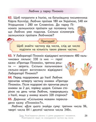 Пригадай!
Щоб знайти частину від числа, слід це число
поділити на кількість таких рівних частин.
62. Щоб потрапити в Італію, на батьківщину письменника
Ка́рла Колло́ді, Любчик проїхав 180 км Україною, 540 км
Угорщиною і  280 км Словенією. До парку Пі-
ноккіо залишилося проїхати ще половину того,
що Любчик уже подолав. Скільки кілометрів
залишилося проїхати Любчикові?
Любчик у  парку Піноккіо
63. У Лабораторії Піноккіо відвідувачі виготовили 480 паль-
чикових ляльок: 330 із  них  — герої
казки «Пригоди Піноккіо», третина реш-
ти  — звірята. Скільки пальчикових
ляльок-звірят виготовили відвідувачі
Лабораторії Піноккіо?
64. Перед подорожжю до Італії Любчик
прочитав четверту частину книжки «Пригоди
Піноккіо». Після подорожі він прочитав решту
книжки за 2 дні, порівну щодня. Скільки сто-
рінок на день читав Любчик, повернувшись
з  Італії, якщо у  книжці всього 320 сторінок?
65. Даринка: «Скількома мовами перекла-
дено казку «Піноккіо»?».
Любчик: «Для цього знайди суму: третини числа 96,
чверті числа 84 і  десятої частини числа 340».
29
Тема. Розв’язування рівнянь із діями додавання і  множення.
Розв’язування задач на знаходження частини від числа
 