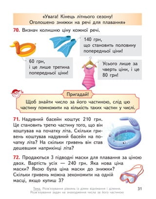 «Увага! Кінець літнього сезону!
Оголошено знижки на речі для плавання»
70. Визнач колишню ціну кожної речі.
60 грн,
і це лише третина
попередньої ціни!
140 грн,
що становить половину
попередньої ціни!
Усього лише за
чверть ціни, і  це
80 грн!
71. Надувний басейн коштує 210  грн.
Це становить третю частину того, що він
коштував на початку літа. Скільки гри-
вень коштував надувний басейн на по-
чатку літа? На скільки гривень він став
дешевшим наприкінці літа?
72. Продаються 3 підводні маски для плавання за ціною
двох. Вартість усіх  — 240  грн. Яка нова ціна
маски? Якою була ціна маски до знижки?
Скільки гривень можна зекономити на одній
масці, якщо купиш 3?
Пригадай!
Щоб знайти число за його частиною, слід цю
частину помножити на кількість таких частин у числі.
31
Тема. Розв'язування рівнянь із діями віднімання і  ділення.
Розв'язування задач на знаходження числа за його частиною
 