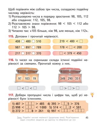 Щоб порівняти між собою три числа, складаємо подвійну
числову нерівність:
1) Розташовуємо числа в порядку зростання: 98, 105, 112
або спадання: 112, 105, 98.
2) Розставляємо знаки порівняння: 98 < 105 < 112 або
112  > 105 > 98.
3) Читаємо так: «105 більше, ніж 98, але менше, ніж 112».
115. Доповни і  прочитай нерівності.
408 480 510 219 < 480 <
987 897 789 178 < < 200
217 317 370 < 379 < 450
117. Добери пропущені числа і  цифри так, щоб усі не-
рівності були істинними.
1) 487 > > 485 4) 395 > 5 > 376
2) 998 < < 1 000 5) 574 < 2 < 591
3) 272 > 8 > 261 6) 997 < <
< < > >
116. Із чисел на  скриньках склади істинні подвійні не-
рівності за схемами. Прочитай кожну з  них.
97 103 19 349 290 351
45
Тема. Подвійні числові нерівності (додаткова тема). Розв’язування
задач способом зведення до одиниці та обернених до них
 