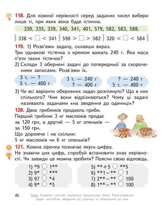 118. Для кожної нерівності серед заданих чисел вибери
лише ті, при яких вона буде істинна.
330, 335, 339, 340, 341, 401, 579, 582, 583, 588.
338 < < 341 590 > > 582 320 < < 584
119. 1) Розв’яжи задачу, склавши вираз.
Три однакові тістечка з  кремом важать 240 г. Яка маса
п’яти таких тістечок?
2) Склади 3 обернені задачі до попередньої за скороче-
ними записами. Розв'яжи їх.
3) Чи всі варіанти обернених задач розглянуто? Що в них
спільного? Чим вони відрізняються? Чому ці задачі
називають задачами «на зведення до одиниці»?
120. Двоє грибників продають гриби.
Перший грибник 3  кг маслюків продає
за 120  грн, а  другий  — 5  кг опеньків  —
за 150  грн.
Що дорожче і на скільки:
5  кг маслюків чи 6  кг опеньків?
121. Кожна зірочка позначає якусь цифру.
Не знаючи цих цифр, спробуй встановити знак нерівно-
сті. Чи завжди це можна зробити? Поясни свою відповідь.
3 т.  — ?
5 т.  — 400 г
3 т.  — 240 г
?  — 400 г
?  — 240 г
5 т.  — 400 г
1) *9 1**
2) 9* ***
3) 97 *4
4) 9* *5
5) **+5 **5
6) **1–** 1
7) 2**–** 100
8) 1**–** 100
46 Тема. Подвійні числові нерівності (додаткова тема). Розв’язування
задач способом зведення до одиниці та обернених до них
 