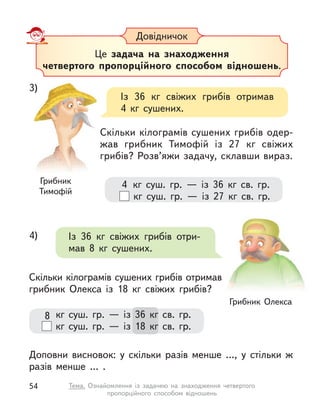 Довідничок
Це задача на знаходження
четвертого пропорційного способом відношень.
3)
Із 36  кг свіжих грибів отримав
4  кг сушених.
4   кг суш. гр.  — із 36  кг св. гр.
  кг суш. гр.  — із 27  кг св. гр.
Скільки кілограмів сушених грибів одер-
жав грибник Тимофій із 27  кг свіжих
грибів? Розв’яжи задачу, склавши вираз.
Грибник
Тимофій
8   кг суш. гр.  — із 36  кг св. гр.
  кг суш. гр.  — із 18  кг св. гр.
4) Із 36  кг свіжих грибів отри-
мав 8  кг сушених.
Скільки кілограмів сушених грибів отримав
грибник Олекса із 18  кг свіжих грибів?
Доповни висновок: у  скільки разів менше …, у  стільки  ж
разів менше … .
Грибник Олекса
54 Тема. Ознайомлення із  задачею на знаходження четвертого
пропорційного способом відношень
 