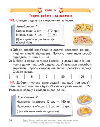 Урок 17
Творча робота над задачею
4 6 7 80 100
143. Склади задачу за скороченим записом.
1) Обери спосіб розв’язання задачі: зведення до оди-
ниці чи спосіб відношень. Поясни, чому один спосіб
підходить, а  інший  — ні.
2) Вибери з  поданих чисел і  заміни в  задачі одне із  чис-
лових даних так, щоб задача розв’язувалася способом
відношень. Зроби скорочений запис і розв’яжи задачу.
Склади вираз.
Замовлення 1.
Сирна піца: 3 шт.  — 270 грн
М’ясна піца: 5 шт.  — грн
(Ціна сирної піци дорівнює ціні
м’ясної піци)
144. Добери числове дане задачі так, щоб при розв’я-
занні перше запитання було «У скільки разів менше … ?».
Розв’яжи задачу і  склади вираз до неї.
Замовлення 2.
Налисники із  сиром: 12 шт.  — 160 грн
Налисники з  м’ясом: шт.  — грн
(Ціна всіх налисників  — однакова)
56 Тема. Творча робота над задачею: зміна числових даних
з  метою  застосування способу відношень
 