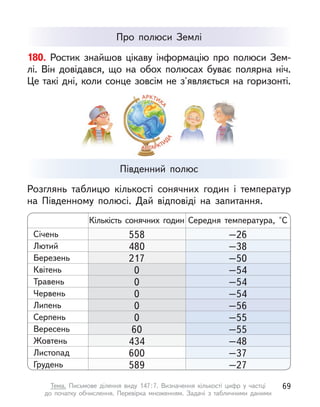 Про полюси Землі
180. Ростик знайшов цікаву інформацію про полюси Зем-
лі. Він довідався, що на обох полюсах буває полярна ніч.
Це такі дні, коли сонце зовсім не з'являється на горизонті.
Розглянь таблицю кількості сонячних годин і температур
на Південному полюсі. Дай відповіді на запитання.
Південний полюс
Січень
Лютий
Березень
Квітень
Травень
Червень
Липень
Серпень
Вересень
Жовтень
Листопад
Грудень
558
480
217
0
0
0
0
0
60
434
600
589
–26
–38
–50
–54
–54
–54
–56
–55
–55
–48
–37
–27
Кількість сонячних годин Середня температура, °С
69
Тема. Письмове ділення виду 147:7. Визначення кількості цифр у  частці
до  початку обчислення. Перевірка множенням. Задачі з  табличними даними
 