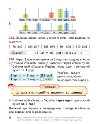 дес.
дес. тис. сот.
сот. тис. од.
од. тис.
5)
дес.
дес. тис. сот.
сот. тис. од.
од. тис.
6)
244. Через 2 пропускні пункти за 8 год із-за кордону в Укра-
їну в’їхало 288 осіб, порівну щогодини через кожен пункт.
1) Скільки осіб в’їхало в  Україну через один пропускний
пункт за 1 год?
2 пр. п.  — 8 год  — 288 осіб
1 пр. п.  — 1 год  — осіб
Розв’яжи задачу
двома способами
за допомогою виразів.
243. Запиши кожне число у вигляді суми його розрядних
доданків.
75 340 124 807 685 039 701 500 310 248
Зразок: 103 045 = 100 000+3 000+40+5
Пригадай!
Це задача на подвійне зведення до одиниці.
2) Скільки осіб в’їхало в Україну через один пропускний
пункт за 6 год?
Порівняй цю задачу з  попередньою. Склади й  обчисли
два вирази для її розв’язання.
96 Тема. Утворення багатоцифрових чисел. Заміна багатоцифрового числа
сумою розрядних доданків. Задача на подвійне зведення до одиниці
 