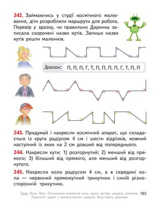 243. Придумай і  накресли космічний апарат, що склада-
ється із круга радіусом 4  см і  шести відрізків, кожний
наступний із яких на 2  см довший від попереднього.
244. Накресли кути: 1) розгорнутий; 2) менший від пря-
мого; 3)  більший від прямого, але менший від розгор-
нутого.
245. Накресли коло радіусом 4  см, а  в середині ко-
ла  — червоний прямокутний трикутник і  синій різно-
сторонній трикутник.
242. Займаючись у  студії космічного малю-
вання, діти розробляли маршрути для робота.
Перевір у  зразку, чи правильно Даринка за-
писала скорочені назви кутів. Запиши назви
кутів решти малюнків.
Зразок: П, П, П, Г, Т, П, П, П, П, Г, Т, П, П 
105
Тема. Коло. Круг. Позначення елементів кола, круга: центра, радіуса, діаметра.
Практичні задачі з  використанням циркуля. Властивість діаметра
 
