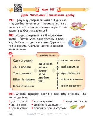 Дріб. Чисельник і  знаменник дробу
Урок 107
399. Цибулину розрізали навпіл. Одну час-
тину дрібно покришили і посмажили, а по-
ловину іншої частини поклали варити. Яка
частина цибулини вариться?
400. Яблуко розрізали на 8 однакових
частин. Ростик узяв одну частину з  вось-
ми, Любчик  — дві з  восьми, Даринка  —
три з  восьми. Скільки частин із восьми
залишилося?
401. Скільки цукерок взяли в  кожному випадку? За-
пиши дробом.
• Дві з  трьох;
• дві з  п’яти;
• три із семи;
• тридцять зі ста.
Довідничок
Одну з  восьми
Дві з  восьми
Три з  восьми
Шість із восьми
Вісім із восьми
однакових
частин
позна-
чають
дробом
так:
1
8
«одна восьма»
2
8
«дві восьмих»
3
8
«три восьмих»
6
8
«шість восьмих»
8
8
«вісім восьмих»
• сім із десяти;
• дев’ять із двадцяти;
• тридцять три із сорока;
162 Розділ. Числа. Дії з  числами. Сюжетні задачі
 