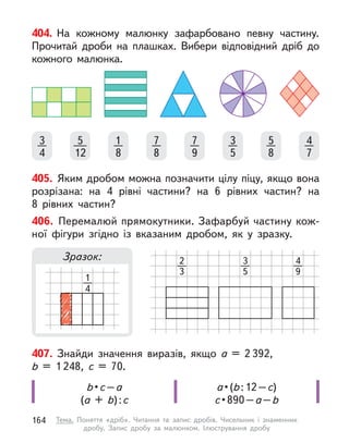 405. Яким дробом можна позначити цілу піцу, якщо вона
розрізана: на 4 рівні частини? на 6 рівних частин? на
8  рівних частин?
407. Знайди значення виразів, якщо а  = 2 392,
b = 1 248, c  = 70.
а • (b:12–c)
c • 890 – а–b
b • c–а
(а + b):c
404. На кожному малюнку зафарбовано певну частину.
Прочитай дроби на плашках. Вибери відповідний дріб до
кожного малюнка.
3
4
1
8
7
8
7
9
3
5
5
8
4
7
5
12
Зразок:
406. Перемалюй прямокутники. Зафарбуй частину кож-
ної фігури згідно із вказаним дробом, як у  зразку.
1
4
2
3
3
5
4
9
164 Тема. Поняття «дріб». Читання та запис дробів. Чисельник і  знаменник
дробу. Запис дробу за малюнком. Ілюстрування дробу
 