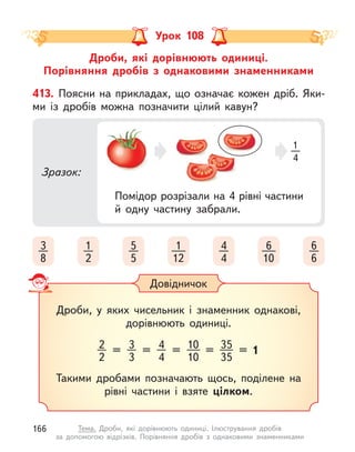 Дроби, які дорівнюють одиниці.
Порівняння дробів з однаковими знаменниками
Урок 108
Довідничок
Дроби, у  яких чисельник і  знаменник однакові,
дорівнюють одиниці.
Такими дробами позначають щось, поділене на
рівні частини і  взяте цілком.
= = = = = 1
2
2
3
3
4
4
10
10
35
35
Зразок:
413. Поясни на прикладах, що означає кожен дріб. Яки-
ми із дробів можна позначити цілий кавун?
Помідор розрізали на 4 рівні частини
й одну частину забрали.
1
4
3
8
1
2
5
5
4
4
6
6
1
12
6
10
166 Тема. Дроби, які дорівнюють одиниці. Ілюстрування дробів
за допомогою відрізків. Порівняння дробів з однаковими знаменниками
 