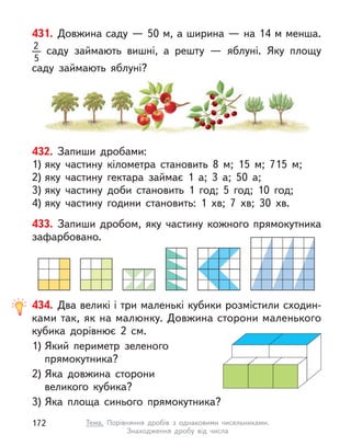 432. Запиши дробами:
1) яку частину кілометра становить 8 м; 15 м; 715 м;
2) яку частину гектара займає 1 а; 3 а; 50 а;
3) яку частину доби становить 1 год; 5 год; 10 год;
4) яку частину години становить: 1  хв; 7  хв; 30  хв.
433. Запиши дробом, яку частину кожного прямокутника
зафарбовано.
434. Два великі і три маленькі кубики розмістили сходин-
ками так, як на малюнку. Довжина сторони маленького
кубика дорівнює 2  см.
1) Який периметр зеленого
прямокутника?
2) Яка довжина сторони
великого кубика?
3) Яка площа синього прямокутника?
431. Довжина саду — 50 м, а ширина — на 14 м менша.
2
5
  саду займають вишні, а  решту  — яблуні. Яку площу
саду займають яблуні?
172 Тема. Порівняння дробів з однаковими чисельниками.
Знаходження дробу від числа
 