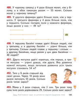 488. У  чорному гаманці у  4 рази більше монет, ніж у  бі-
лому, а  в обох гаманцях разом  — 55 монет. Скільки
монет у  чорному гаманці?
490. У  першому басейні плаває удвічі більше людей, ніж
у  третьому, а  в другому басейні  — утричі більше, ніж
у  третьому. Скільки людей плаває у  першому і  скільки  —
у  другому басейнах, якщо разом у  цих двох басейнах  —
40  людей?
489. У  другого фермера удвічі більше поля, ніж у  пер-
шого. У  третього фермера у  4 рази більше поля, ніж
у  першого.  Скільки гектарів поля у  кожного фермера,
якщо разом у  них  — 49 га?
49
491. Друга мотузка удвічі коротша, ніж перша, а  тре-
тя мотузка  — утричі довша, ніж друга. Яка довжина
кожної мотузки, якщо загальна довжина усіх трьох
мотузок становить 54 м?
492. Тато у  6 разів старший від
своєї дочки. Через 10 років вони
разом матимуть 55 років. Скільки
років татові зараз?
493. Мама у  4 рази старша, ніж її син. Три роки тому
сума їхніх років дорівнювала 29. Скільки років мамі зараз?
189
Тема. Розв’язування задач за допомогою відрізків (додаткова тема)
 