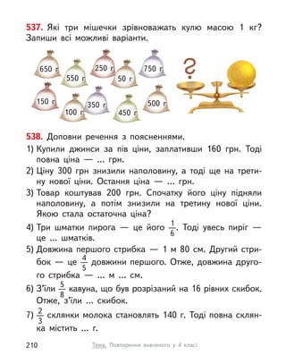 537. Які три мішечки зрівноважать кулю масою 1 кг?
Запиши всі можливі варіанти.
650 г 250 г
50 г
750 г
500 г
450 г
350 г
100 г
150 г
550 г
538. Доповни речення з  поясненнями.
1) Купили джинси за пів ціни, заплативши 160 грн. Тоді
повна ціна  — … грн.
2) Ціну 300 грн знизили наполовину, а  тоді ще на трети-
ну нової ціни. Остання ціна  — … грн.
3) Товар коштував 200 грн. Спочатку його ціну підняли
наполовину, а  потім знизили на третину нової ціни.
Якою стала остаточна ціна?
4) Три шматки пирога  — це його 1
6
. Тоді увесь пиріг  —
це  … шматків.
5) Довжина першого стрибка — 1 м  80  см. Другий стри-
бок  — це 4
5
довжини першого. Отже, довжина друго-
го стрибка  — … м  …  см.
6) З’їли 5
8
кавуна, що був розрізаний на 16 рівних скибок.
Отже, з’їли … скибок.
7) 2
3
склянки молока становлять 140 г. Тоді повна склян-
ка містить … г.
Тема. Повторення вивченого у  4 класі
210
 