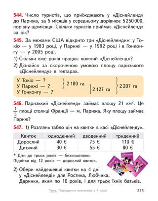 544. Число туристів, що приїжджають у  «Діснейленд»
до Парижа, за 5 місяців у середньому дорівнює 5250000,
порівну щомісяця. Скільки туристів приймає «Діснейленд»
за рік?
545. За межами США відкрито три «Діснейленди»: у То-
кіо — у  1983 році, у  Парижі  — у  1992 році і  в  Гонкон-
гу  — у  2005  році.
1) Скільки вже років працює кожний «Діснейленд»?
2) Дізнайся за скороченою умовою площу паризького
«Діснейленду» в  гектарах.
У Токіо  — ?
У Парижі  — ?
У Гонконгу  — ?
2 207 га
2 180 га
2 127 га
546. Паризький «Діснейленд» займає площу 21  км2. Це
1
5
 площі столиці Франції — м. Парижа. Яку площу займає
Париж?
547. 1) Розглянь табло цін на квитки в касі «Діснейленду».
* Діти до трьох років  — безкоштовно.
Підлітки від 12 років  — дорослий квиток.
2) Обери найдешевші квитки на 4 дні
у «Діснейленді» для Ростика, Любчика,
Даринки, яким по 10 років, і  для трьох їхніх батьків.
Квиток
Дорослий
Дитячий
одноденний
40 €
30 €
дводенний
75 €
55 €
триденний
110 €
80 €
Тема. Повторення вивченого у  4 класі 213
 