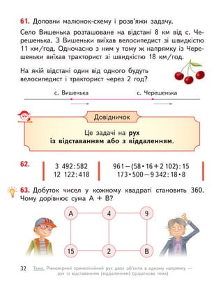 Довідничок
Це задачі на рух
із відставанням або з  віддаленням.
62. 961 – (58 • 16 + 2 102):15
173 • 500 – 9 342 : 18 • 8
3  492:582
12  122:418
61. Доповни малюнок-схему і  розв’яжи задачу.
Село Вишенька розташоване на відстані 8  км від с. Че-
решенька. З  Вишеньки виїхав велосипедист зі швидкістю
11 км/год. Одночасно з ним у тому ж напрямку із Чере-
шеньки виїхав тракторист зі швидкістю 18  км/год.
На якій відстані один від одного будуть
велосипедист і  тракторист через 2 год?
с. Вишенька с. Черешенька
63. Добуток чисел у  кожному квадраті становить 360.
Чому дорівнює сума А  + В?
А 4 9
15 2 В
32 Тема. Рівномірний прямолінійний рух двох об’єктів в  одному напрямку  —
рух із відставанням (віддаленням) (додаткова тема)
 