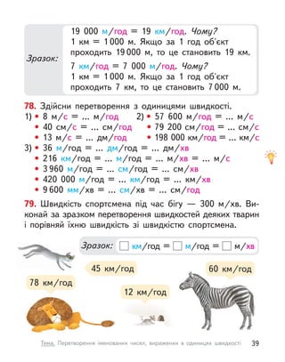 Зразок:
19 000 м/год = 19  км/год. Чому?
1  км = 1 000 м. Якщо за 1 год об'єкт
проходить 19 000 м, то це становить 19  км.
7  км/год = 7 000 м/год. Чому?
1  км = 1 000 м. Якщо за 1 год об'єкт
проходить 7  км, то це становить 7 000 м.
79. Швидкість спортсмена під час бігу  — 300  м/хв. Ви-
конай за зразком перетворення швидкостей деяких тварин
і  порівняй їхню швидкість зі швидкістю спортсмена.
45  км/год
12  км/год
78  км/год
60  км/год
  км/год = м/год =   м/хв
Зразок:
78. Здійсни перетворення з  одиницями швидкості.
1) • 8  м/с = … м/год 2) • 57  600 м/год = …  м/с
	 • 40 см/с = … см/год • 79 200 см/год = … см/с
	 • 13  м/с = … дм/год • 198 000 км/год = … км/с
3) • 36 м/год = … дм/год = … дм/хв
	 • 216  км/год = … м/год = …  м/хв = …  м/с
	 • 3 960 м/год = … см/год = … см/хв
	 • 420  000 м/год = …  км/год = …  км/хв
	 • 9 600  мм/хв = … см/хв = … см/год
39
Тема. Перетворення іменованих чисел, виражених в  одиницях швидкості
 