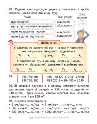 88. З’єднай усно відповідні рядки у  стовпчиках і  зроби
висновки щодо кожного виду руху.
Якщо:
рух назустріч
рух у  протилежних напрямках
один наздоганяє іншого
один відстає від іншого
Тоді шукаю:
Отже,
виконую:
швидкість
зближення
швидкість
віддалення
+
–
Довідничок
У задачах на зустрічний рух і на рух у  протилеж-
них напрямках швидкості додаються.
У задачах на рух в  одному напрямку (наздо-
ганяння чи відставання) швидкості віднімаються.
v1 v2 v1 v2
v2 v1 v1 v2
v2 –v1
v1 +v2
90. Зі шпаківні одночасно в  одному напрямку вилетіли
два шпаки: один зі швидкістю 750  м/хв, а  другий  —
940  м/хв. Через скільки  хвилин відстань між шпаками
становитиме 1  км  900 м?
91. Виконай перетворення.
• 9  км/год=… м/год
• 360  м/хв=… м/год
• 720  км/с=…  км/хв
• 3  км/хв=…  м/хв=… м/с
• 6 см/год=… мм/год=… мм/хв
• 1200 дм/хв=… м/хв=… м/год
89. 365 760:508
236 730:390
105–10 120:(3 208–2 988)
898 020 : 6 – 99 • 105 – 8 090
44 Тема. Порівняння різних типів задач на рух
 