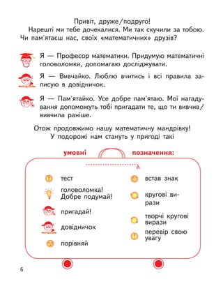 Привіт, друже/подруго!
Нарешті ми тебе дочекалися. Ми так скучили за тобою.
Чи пам'ятаєш нас, своїх «математичних» друзів?
Я — Професор математики. Придумую математичні
головоломки, допомагаю досліджувати.
Я  — Вивчайко. Люблю вчитись і  всі правила за-
писую в  довідничок.
Я  — Пам'ятайко. Усе добре пам'ятаю. Мої нагаду-
вання допоможуть тобі пригадати те, що ти вивчив/
вивчила раніше.
Отож продовжимо нашу математичну мандрівку!
У подорожі нам стануть у  пригоді такі
тест
головоломка!
Добре подумай!
пригадай!
довідничок
порівняй
встав знак
кругові ви-
рази
творчі кругові
вирази
перевір свою
увагу
позначення:
умовні
6
 