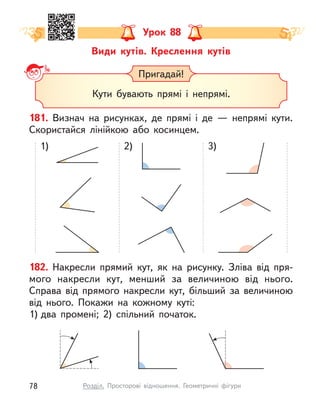 Види кутів. Креслення кутів
Урок 88
Пригадай!
Кути бувають прямі і  непрямі.
181. Визнач на рисунках, де прямі і  де  — непрямі кути.
Скористайся лінійкою або косинцем.
1) 2) 3)
182. Накресли прямий кут, як на рисунку. Зліва від пря-
мого накресли кут, менший за величиною від нього.
Справа від прямого накресли кут, більший за величиною
від нього. Покажи на кожному куті:
1) два промені; 2) спільний початок.
78 Розділ. Просторові відношення. Геометричні фігури
 