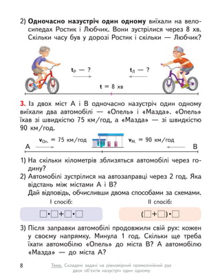 2) Одночасно назустріч один одному виїхали на вело-
сипедах Ростик і  Любчик. Вони зустрілися через 8  хв.
Скільки часу був у дорозі Ростик і скільки — Любчик?
t = 8  хв
tР  — ? tЛ  — ?
3. Із двох міст А  і В  одночасно назустріч один одному
виїхали два автомобілі  — «Опель» і  «Мазда». «Опель»
їхав зі швидкістю 75  км/год, а  «Мазда»  — зі швидкістю
90  км/год.
1) На скільки кілометрів зблизяться автомобілі через го-
дину?
2) Автомобілі зустрілися на автозаправці через 2 год. Яка
відстань між містами А  і В?
Дай відповідь, обчисливши двома способами за схемами.
3) Після заправки автомобілі продовжили свій рух: кожен
у  своєму напрямку. Минула 1 год. Скільки ще треба
їхати автомобілю «Опель» до міста В? А  автомобілю
«Мазда»  — до міста А?
I спосіб:
 •  +  • 
IІ спосіб:
( +  ) • 
vОп. = 75  км/год vМ. = 90  км/год
А В
8 Тема. Складені задачі на рівномірний прямолінійний рух
двох об’єктів назустріч один одному
 