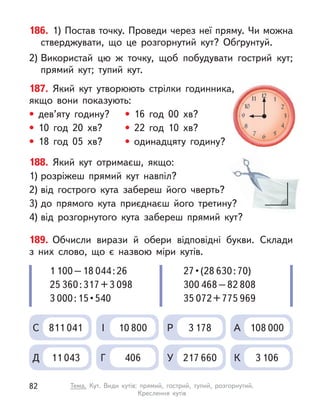 187. Який кут утворюють стрілки годинника,
якщо вони показують:
• дев’яту годину? • 16 год 00  хв?
• 10 год 20  хв? • 22 год 10  хв?
• 18 год 05  хв? • одинадцяту годину?
189. Обчисли вирази й  обери відповідні букви. Склади
з  них слово, що є  назвою міри кутів.
С 811 041 І 10 800 Р 3 178 А 108 000
Д 11 043 Г 406 У 217 660 К 3 106
1 100–18 044:26
25 360:317+3 098
3 000 : 15 • 540
27 • (28 630:70)
300 468–82 808
35 072+775 969
186. 1) Постав точку. Проведи через неї пряму. Чи можна
стверджувати, що це розгорнутий кут? Обґрунтуй.
2) Використай цю  ж точку, щоб побудувати гострий кут;
прямий кут; тупий кут.
188. Який кут отримаєш, якщо:
1) розріжеш прямий кут навпіл?
2) від гострого кута забереш його чверть?
3) до прямого кута приєднаєш його третину?
4) від розгорнутого кута забереш прямий кут?
82 Тема. Кут. Види кутів: прямий, гострий, тупий, розгорнутий.
Креслення кутів
 