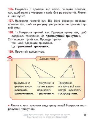 196. Накресли 3 промені, що мають спільний початок,
так, щоб один з утворених кутів був розгорнутий. Якими
є  інші кути?
197. Накресли гострий кут. Від його вершини проведи
промінь так, щоб на рисунку утворилися ще прямий і  ту-
пий кути.
198. 1) Накресли прямий кут. Проведи пряму так, щоб
одержати трикутник. Це прямокутний трикутник.
2) Накресли тупий кут. Проведи пряму
так, щоб одержати трикутник.
Це тупокутний трикутник.
199. Прочитай довідничок.
• Якими є кути кожного виду трикутника? Накресли гост-
рокутний трикутник.
Довідничок
Трикутник із
прямим кутом
називають
прямокутним.
Трикутник із
тупим кутом
називають
тупокутним.
Трикутник,
у  якому  всі кути
гострі, називають
гострокутним.
85
Тема. Креслення кутів. Види трикутників за кутами.
Види трикутників за сторонами (додатково)
 