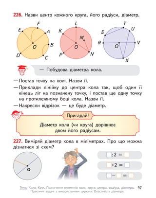 O
D
E A
F
B
C
O
P
K
L
N
M
O
R
S
T
U
V
X
—Постав точку на колі. Назви її.
—Приклади лінійку до центра кола так, щоб один її
кінець ліг на позначену точку, і  постав ще одну точку
на протилежному боці кола. Назви її.
—Накресли відрізок  — це буде діаметр.
— Побудова діаметра кола.
226. Назви центр кожного круга, його радіуси, діаметр.
Пригадай!
Діаметр кола (чи круга) дорівнює
двом його радіусам.
227. Виміряй діаметр кола в  міліметрах. Про що можна
дізнатися зі схем?
O
:2 =
 • 2  = 
– =
97
Тема. Коло. Круг. Позначення елементів кола, круга: центра, радіуса, діаметра.
Практичні задачі з  використанням циркуля. Властивість діаметра
 