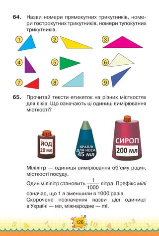 126
64.	 Назви номери прямокутних трикутників, номе-
ри гострокутних трикутників, номери тупокутних
трикутників.
1
4
7
2
5
8
3
6
9
65.	 Прочитай тексти етикеток на різних місткостях
для ліків. Що означають ці одиниці вимірювання
місткості?
Мілілітр — одиниця вимірювання об’єму рідин,
місткості посуду.
Один мілілітр становить
1
1000
літра. Префікс мілі
означає, що 1 л зменшили в 1000 разів.
Скорочене позначення назви цієї одиниці:
в Україні — мл, міжнародне — ml.
 