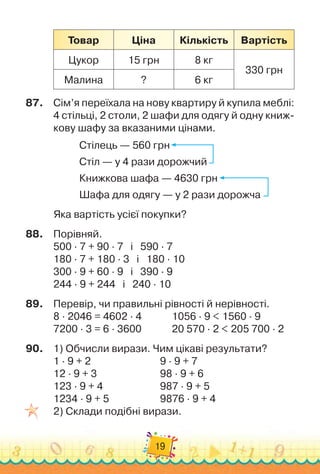 19
Т
овар Ціна Кількість Вартість
Цукор 15 грн 8 кг
330 грн
Малина ? 6 кг
87.
	
Сім’я переїхала на нову квартиру й купила меблі:
4 стільці, 2 столи, 2 шафи для одягу й одну книж-
кову шафу за вказаними цінами.
Стілець — 560 грн
Стіл — у 4 рази дорожчий
Книжкова шафа — 4630 грн
Шафа для одягу — у 2 рази дорожча
Яка вартість усієї покупки?
88.
	
Порівняй.
500 · 7 + 90 · 7
   
і
   
590 · 7
180 · 7 + 180 · 3
   
і
   
180 · 10
300 · 9 + 60 · 9
   
і
   
390 · 9
244 · 9 + 244
   
і
   
240 · 10
89.
	
Перевір, чи правильні рівності й нерівності.
8 · 2046 = 4602 · 4	 	 	 	
1056 · 9 < 1560 · 9
7200 · 3 = 6 · 3600	 	 	 	
20 570 · 2 < 205 700 · 2
90.
	
1) Обчисли вирази. Чим цікаві результати?
1 · 9 + 2
  
	 	 	 	 	 	 	
9 · 9 + 7
  
12 · 9 + 3
  
	 	 	 	 	 	
98 · 9 + 6
  
123 · 9 + 4
  
	 	 	 	 	 	
987 · 9 + 5
  
1234 · 9 + 5		 	 	 	 	
9876 · 9 + 4
2) Склади подібні вирази.
 