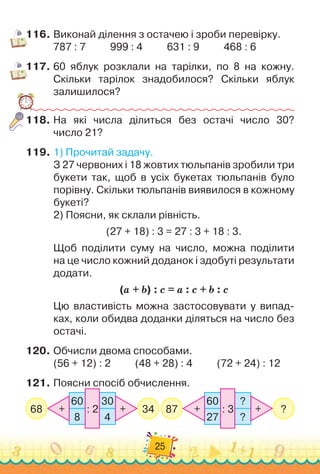 25
116.
	
Виконай ділення з остачею і зроби перевірку.
787 : 7
          
999 : 4
          
631 : 9
          
468 : 6
117.
	
60 яблук розклали на тарілки, по 8 на кожну.
Скільки тарілок знадобилося? Скільки яблук
залишилося?
118.
	
На які числа ділиться без остачі число 30?	
число 21?
119.
	
1)
 
Прочитай задачу.
З 27 червоних і 18 жовтих тюльпанів зробили три
букети так, щоб в усіх букетах тюльпанів було
порівну. Скільки тюльпанів виявилося в кожному
букеті?
2)
 
Поясни, як склали рівність.
(27 + 18) : 3 = 27 : 3 + 18 : 3.
Щоб поділити суму на число, можна поділити	
на це число кожний доданок і здобуті результати
додати.
(а + b) : c = а : c + b : c
Цю властивість можна застосовувати у випад-
ках, коли обидва доданки діляться на число без	
остачі.
120.
	
Обчисли двома способами.
(56 + 12) : 2
          
(48 + 28) : 4
          
(72 + 24) : 12
121.
	
Поясни спосіб обчислення.
68 34
60
8
30
4
: 2
+ + 87 ?
60
27
?
?
: 3
+ +
 