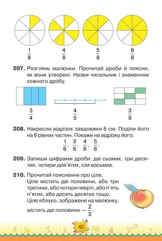 42
            
1
8
                        
4
8
                       
5
8
                        
6
8
207.
	
Розглянь малюнки. Прочитай дроби й поясни,
як вони утворені. Назви чисельник і знаменник
кожного дробу.
3
4
4
5
3
9
208.
	
Накресли відрізок завдовжки 6 см. Поділи його
на 6 рівних частин. Покажи на відрізку його:
1
6
,
   
2
6
,
   
4
6
,
   
5
6
.
209.
	
Запиши цифрами дроби: дві сьомих, три деся-
тих, чотири дев’ятих, сім восьмих.
210.
	
Прочитай пояснення про ціле.
Ціле містить дві половини, або три
третини,абочотиричверті,абоп’ять
п’ятих, або десять десятих тощо.
Ціле яблуко, зображене на малюнку,
містить дві половини —
2
2
.
 