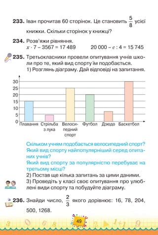 49
233.	
Іван прочитав 60 сторінок. Це становить
5
8
усієї
книжки. Скільки сторінок у книжці?
234.
	
Розв’яжи рівняння.
х · 7 – 3567 = 17 489	 	 	 	
20 000 – с : 4 = 15 745
235.
	
Третьокласники провели опитування учнів шко-
ли про те, який вид спорту їм подобається.
1)
 
Розглянь діаграму. Дай відповіді на запитання.
0
5
10
15
30
25
20
Плавання Стрільба
з лука
Велоси-
педний
спорт
Футбол Дзюдо Баскетбол
Скільком учням подобається велосипедний спорт?
Який вид спорту найпопулярніший серед опита-
них учнів?
Який вид спорту за популярністю перебуває на
третьому місці?
2)
 
Постав ще кілька запитань за цими даними.
3)
 
Проведіть у класі своє опитування про улюб
­
лені види спорту та побудуйте діаграму.
236.
	
Знайди число,
2
3
якого дорівнює: 16, 78, 204,
500, 1268.
 