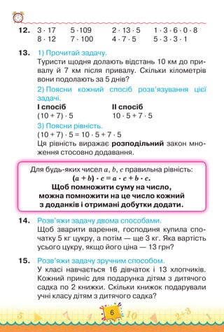 6
12.	
3 · 17	 	 	
5 ·109	 	 	 	
2 · 13 · 5	 	 	
1 · 3 · 6 · 0 · 8
8 · 12	 	 	
7 · 100		 	 	
4 · 7 · 5		 	 	
5 · 3 · 3 · 1
13.
	
1)
 
Прочитай задачу.
Туристи щодня долають відстань 10 км до при-
валу й 7 км після привалу. Скільки кілометрів	
вони подолають за 5 днів?
2)
 
Поясни кожний спосіб розв’язування цієї	
задачі.
І спосіб
							
ІІ спосіб
(10 + 7) · 5	 	 	 	 	 	
10 · 5 + 7 · 5
3)
 
Поясни рівність.
(10 + 7) · 5 = 10 · 5 + 7 · 5
Ця рівність виражає розподільний закон мно-
ження стосовно додавання.
14.
	
Розв’яжи задачу двома способами.
Щоб зварити варення, господиня купила спо-
чатку 5 кг цукру, а потім — ще 3 кг. Яка вартість
усього цукру, якщо його ціна — 13 грн?
15.
	
Розв’яжи задачу зручним способом.
У
 
класі навчається 16 дівчаток і 13 хлопчиків.
Кожний приніс для подарунка дітям з дитячого
садка по 2 книжки. Скільки книжок подарували
учні класу дітям з дитячого садка?
 