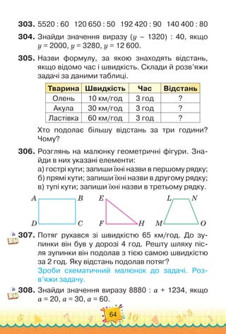 64
303.
	
5520 : 60
   
120 650 : 50
   
192
 
420 : 90
   
140
 
400 : 80
304.
	
Знайди значення виразу (y – 1320) : 40, якщо	
y = 2000, y = 3280, y = 12
 
600.
305.
	
Назви формулу, за якою знаходять відстань,
якщо відомо час і швидкість. Склади й розв’яжи
задачі за даними таблиці.
Т
варина
Ш
видкість Час Відстань
Олень 10 км/год 3 год ?
Акула 30 км/год 3 год ?
Ластівка 60 км/год 3 год ?
Хто подолає більшу відстань за три години?
Чому?
306.
	
Розглянь на малюнку геометричні фігури. Зна-
йди в них указані елементи:
а) гострі кути; запиши їхні назви в першому рядку;
б) прямі кути; запиши їхні назви в другому рядку;
в) тупі кути; запиши їхні назви в третьому рядку.
A L
E
B N
D M
F
C O
H
307.
	
Потяг рухався зі швидкістю 65 км/год. До зу-
пинки він був у дорозі 4 год. Решту шляху піс-
ля зупинки він подолав з тією самою швидкістю	
за 2 год. Яку відстань подолав потяг?
Зроби схематичний малюнок до задачі. Роз
­
в’яжи задачу.
308.
	
Знайди значення виразу 8880 : а + 1234, якщо	
а = 20, а = 30, а = 60.
 