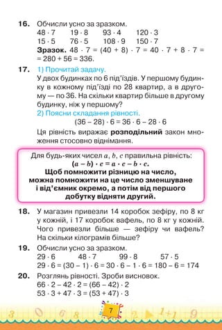7
16.
	
Обчисли усно за зразком.
48 · 7	 	 	
19 · 8	 	 	
93 · 4	 	 	
120 · 3
15 · 5	 	 	
76 · 5	 	 	
108 · 9		 	
150 · 7
Зразок. 48 · 7 = (40 + 8) · 7 = 40 · 7 + 8 · 7 =	
= 280 + 56 = 336.
17.
	
1)
 
Прочитай задачу.
У двох будинках по 6 під’їздів. У
 
першому будин-
ку в кожному під’їзді по 28 квартир, а в друго
­
-	
му — по 36. На
 
скільки квартир більше в другому
будинку, ніж у першому?
2)
 
Поясни складання рівності.
(36 – 28) · 6 = 36 · 6 – 28 · 6
Ця рівність виражає розподільний закон мно-
ження стосовно віднімання.
18.
	
У
 
магазин привезли 14 коробок зефіру, по 8 кг	
у кожній, і 17 коробок вафель, по 8 кг у кожній.
Чого привезли більше — зефіру чи вафель?
На
 
скільки кілограмів більше?
19.
	
Обчисли усно за зразком.
29 · 6	 	 	 	
48 · 7	 	 	 	
99 · 8	 	 	 	
57 · 5
29 · 6 = (30 – 1) · 6 = 30 · 6 – 1 · 6 = 180 – 6 = 174
20.
	
Розглянь рівності. Зроби висновок.
66 · 2 – 42 · 2 = (66 – 42) · 2
53 · 3 + 47 · 3 = (53 + 47) · 3
 