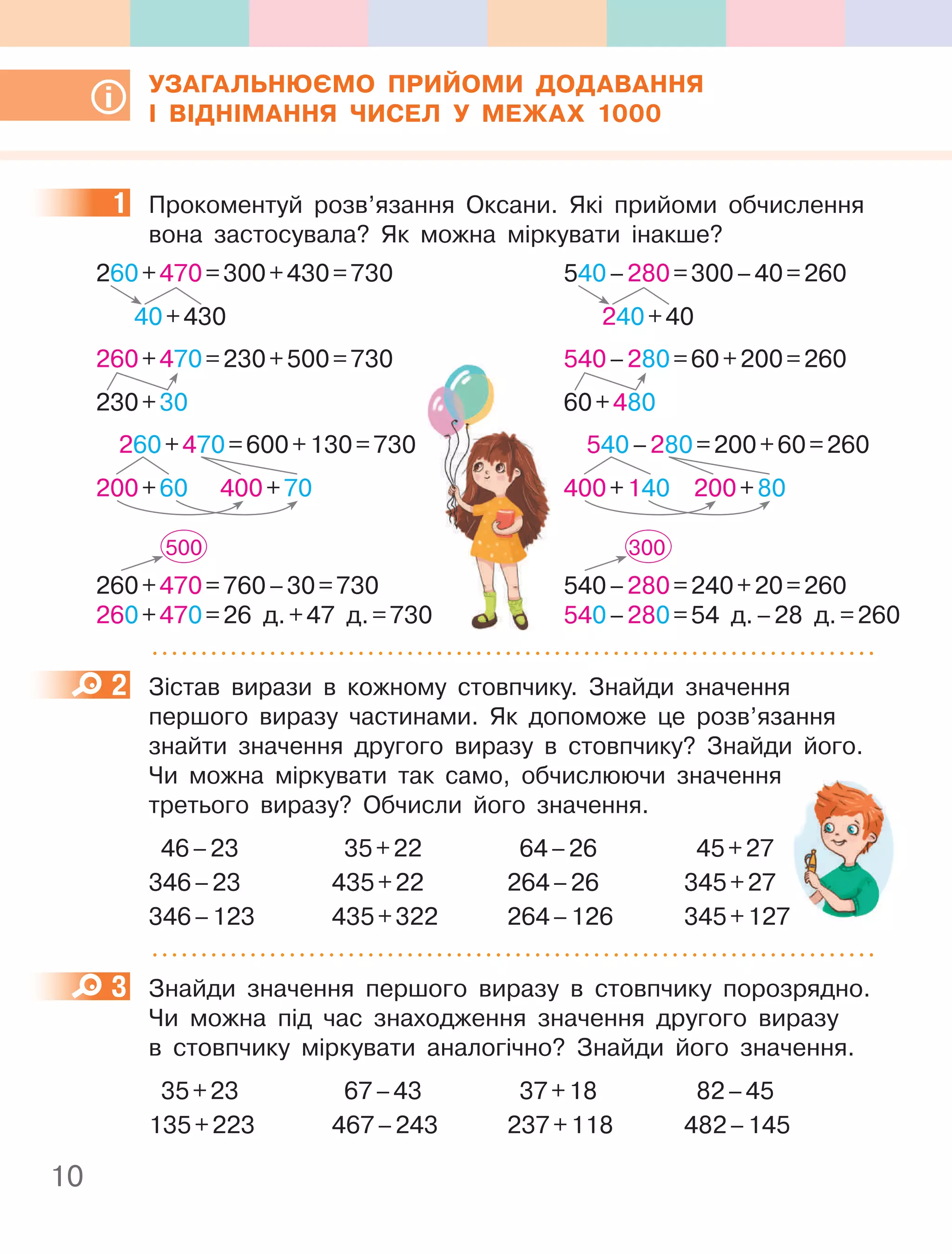 10
УЗагальнюєМО пРийОМи ДОДаВання
І ВІДнІМання чиСел У Межах 1000
1 Прокоментуй розв’язання Оксани. Які прийоми обчислення
вона застосувала? Як можна міркувати інакше?
540–280=300–40=260
240+40
540–280=60+200=260
60+480
540–280=200+60=260
400+140 200+80
300
540–280=240+20=260
540–280=54 д.–28 д.=260
260+470=300+430=730
40+430
260+470=230+500=730
230+30
260+470=600+130=730
200+60 400+70
500
260+470=760–30=730
260+470=26 д.+47 д.=730
2 Зістав вирази в кожному стовпчику. Знайди значення
першого виразу частинами. Як допоможе це розв’язання
знайти значення другого виразу в стовпчику? Знайди його.
Чи можна міркувати так само, обчислюючи значення
третього виразу? Обчисли його значення.
46–23 35+22 64–26 45+27
346–23 435+22 264–26 345+27
346–123 435+322 264–126 345+127
3 Знайди значення першого виразу в стовпчику порозрядно.
Чи можна під час знаходження значення другого виразу
в стовпчику міркувати аналогічно? Знайди його значення.
35+23 67–43 37+18 82–45
135+223 467–243 237+118 482–145
1
=26 д.+47 д.=730
2
346–123 435+322 264–126 345+127
3
 