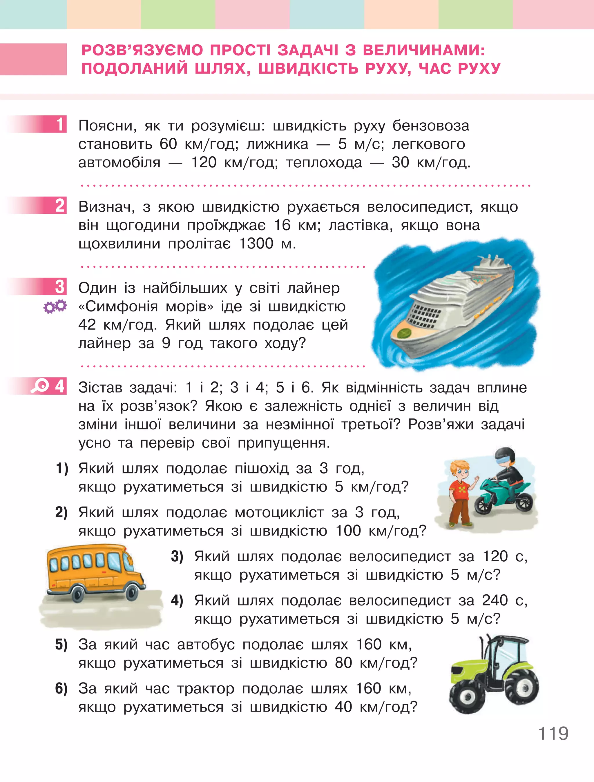 119
РОЗВ’яЗУєМО пРОСТІ ЗаДачІ З ВеличинаМи:
пОДОланий Шлях, ШВиДКІСТь РУхУ, чаС РУхУ
1 Поясни, як ти розумієш: швидкість руху бензовоза
становить 60 км/год; лижника — 5 м/с; легкового
автомобіля — 120 км/год; теплохода — 30 км/год.
2 Визнач, з якою швидкістю рухається велосипедист, якщо
він щогодини проїжджає 16 км; ластівка, якщо вона
щохвилини пролітає 1300 м.
3 Один із найбільших у світі лайнер
«Симфонія морів» іде зі швидкістю
42 км/год. Який шлях подолає цей
лайнер за 9 год такого ходу?
4 Зістав задачі: 1 і 2; 3 і 4; 5 і 6. Як відмінність задач вплине
на їх розв’язок? Якою є залежність однієї з величин від
зміни іншої величини за незмінної третьої? Розв’яжи задачі
усно та перевір свої припущення.
1) Який шлях подолає пішохід за 3 год,
якщо рухатиметься зі швидкістю 5 км/год?
2) Який шлях подолає мотоцикліст за 3 год,
якщо рухатиметься зі швидкістю 100 км/год?
3) Який шлях подолає велосипедист за 120 с,
якщо рухатиметься зі швидкістю 5 м/с?
4) Який шлях подолає велосипедист за 240 с,
якщо рухатиметься зі швидкістю 5 м/с?
5) За який час автобус подолає шлях 160 км,
якщо рухатиметься зі швидкістю 80 км/год?
6) За який час трактор подолає шлях 160 км,
якщо рухатиметься зі швидкістю 40 км/год?
1
2
3
4
 