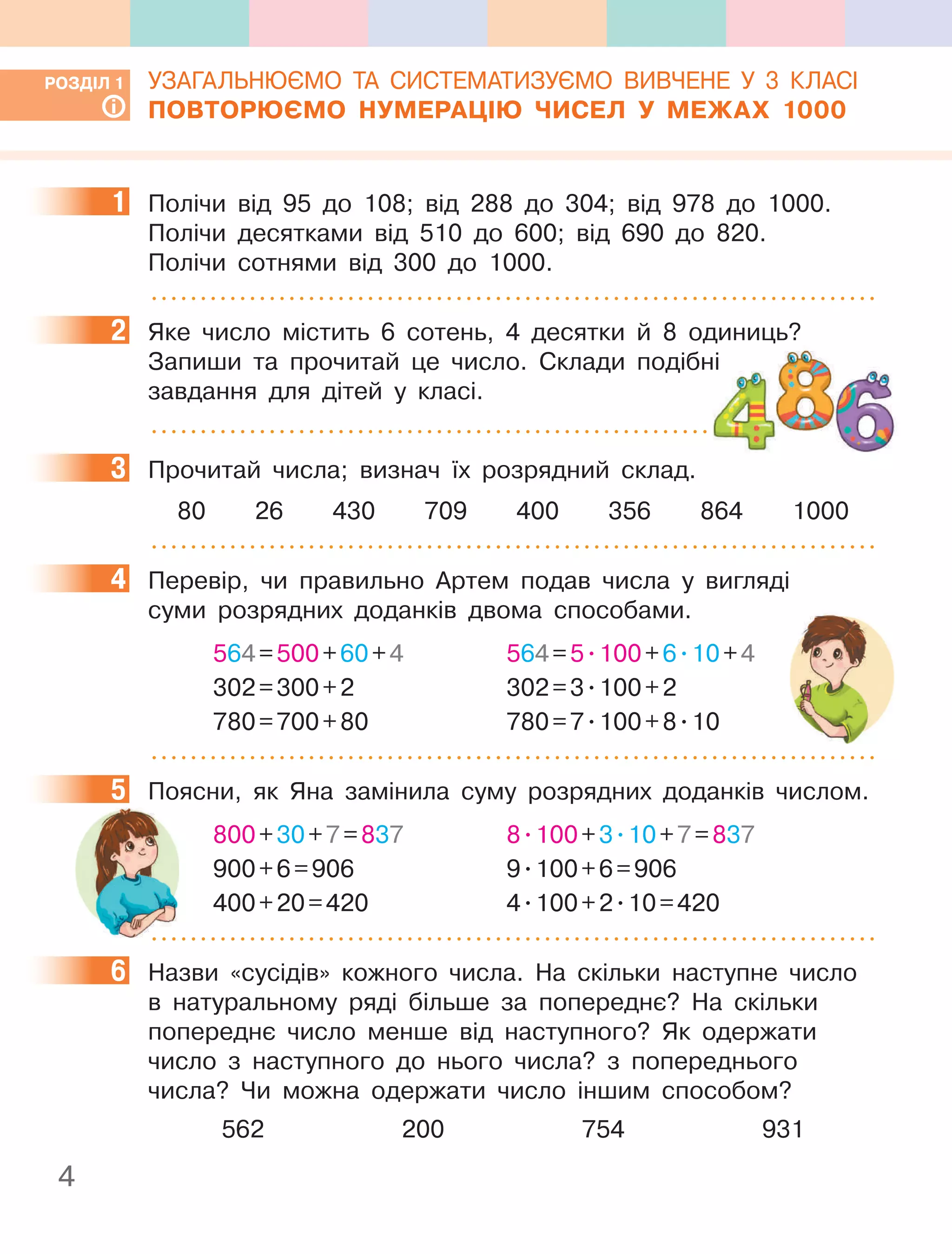 4
УЗАГАЛЬНЮЄМО ТА СИСТЕМАТИЗУЄМО ВИВЧЕНЕ У 3 КЛАСІ
пОВТОРюєМО нУМеРацІю чиСел У Межах 1000
1 Полічи від 95 до 108; від 288 до 304; від 978 до 1000.
Полічи десятками від 510 до 600; від 690 до 820.
Полічи сотнями від 300 до 1000.
2 Яке число містить 6 сотень, 4 десятки й 8 одиниць?
Запиши та прочитай це число. Склади подібні
завдання для дітей у класі.
3 Прочитай числа; визнач їх розрядний склад.
80 26 430 709 400 356 864 1000
4 Перевір, чи правильно Артем подав числа у вигляді
суми розрядних доданків двома способами.
564=500+60+4 564=5.100+6.10+4
302=300+2 302=3.100+2
780=700+80 780=7.100+8.10
5 Поясни, як Яна замінила суму розрядних доданків числом.
800+30+7=837 8.100+3.10+7=837
900+6=906 9.100+6=906
400+20=420 4.100+2.10=420
6 Назви «сусідів» кожного числа. На скільки наступне число
в натуральному ряді більше за попереднє? На скільки
попереднє число менше від наступного? Як одержати
число з наступного до нього числа? з попереднього
числа? Чи можна одержати число іншим способом?
562 200 754 931
РОЗДІл 1
1
2
3
4
5
6
 