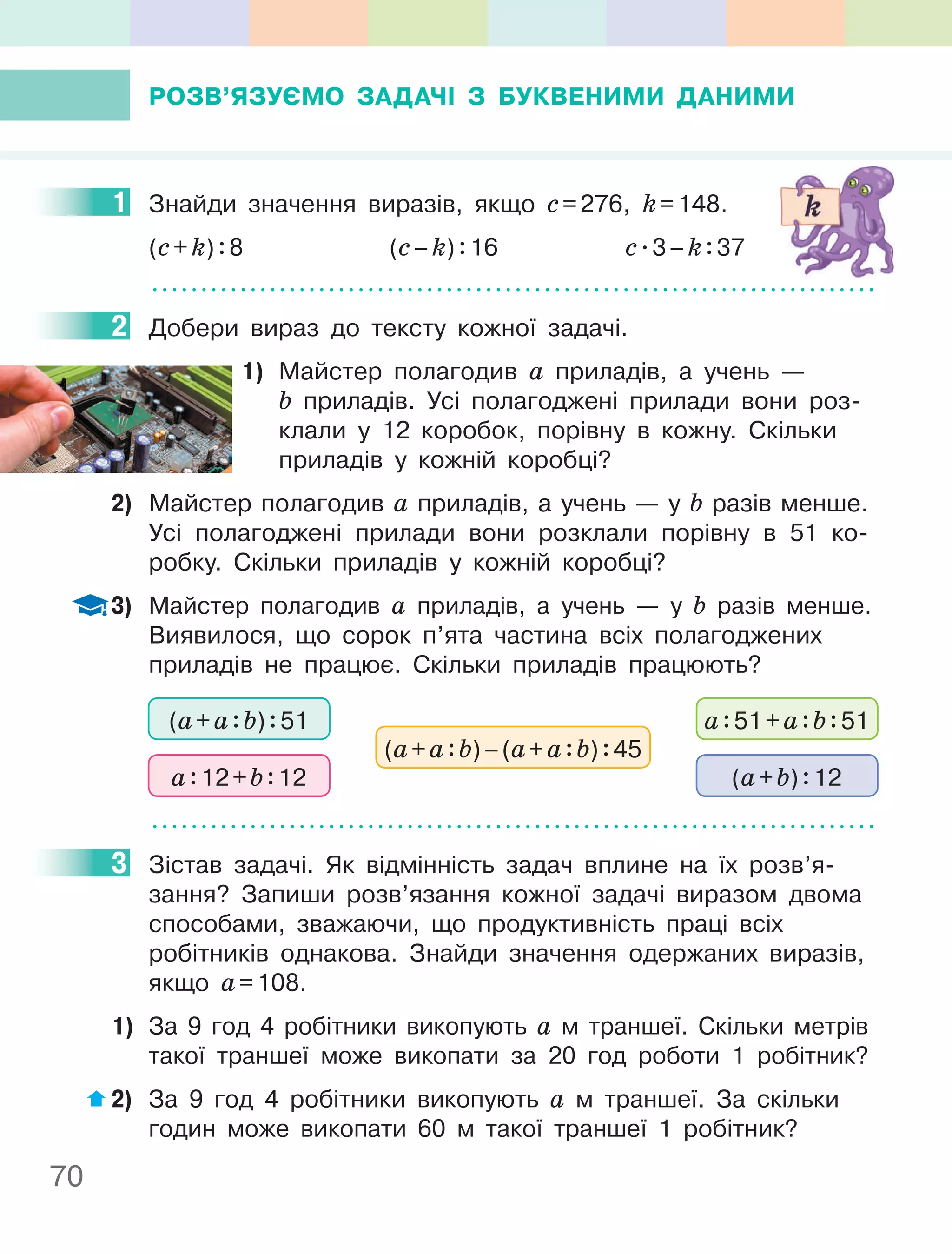 70
РОЗВ’яЗУєМО ЗаДачІ З бУКВениМи ДаниМи
1 Знайди значення виразів, якщо с=276, k=148.
(с+k):8 (с–k):16 с.3–k:37
2 Добери вираз до тексту кожної задачі.
1) Майстер полагодив а приладів, а учень —
b приладів. Усі полагоджені прилади вони роз-
клали у 12 коробок, порівну в кожну. Скільки
приладів у кожній коробці?
2) Майстер полагодив а приладів, а учень — у b разів менше.
Усі полагоджені прилади вони розклали порівну в 51 ко-
робку. Скільки приладів у кожній коробці?
3) Майстер полагодив а приладів, а учень — у b разів менше.
Виявилося, що сорок п’ята частина всіх полагоджених
приладів не працює. Скільки приладів працюють?
(а+а:b):51
а:12+b:12 (а+b):12
(а+а:b)–(а+а:b):45
а:51+а:b:51
3 Зістав задачі. Як відмінність задач вплине на їх розв’я-
зання? Запиши розв’язання кожної задачі виразом двома
способами, зважаючи, що продуктивність праці всіх
робітників однакова. Знайди значення одержаних виразів,
якщо а=108.
1) За 9 год 4 робітники викопують а м траншеї. Скільки метрів
такої траншеї може викопати за 20 год роботи 1 робітник?
2) За 9 год 4 робітники викопують а м траншеї. За скільки
годин може викопати 60 м такої траншеї 1 робітник?
1
2
3
 
