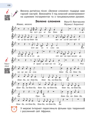 106
Весела ритмічна пісня «Зелене слоненя» подарує вам
гарний настрій. Виконайте її під власний акомпанемент
на шумових інструментах та з танцювальними рухами.
Зелене слоненя
У мережі Інтернет перегляньте фільми про тваринний
і рослинний світ Африки.
Вірші О. Вратарьова
Музика І. Кириліної
На ост- ро- ві Ла- бем- ба в за-
то- ці Ба-ла-бем- ба жи- ли со-бі зви-чай- ні
ли со- бі та й го- ді, спі- ва- ли при на-ро- ді,
ка- зу- ва- ли сни. Бем- ба, ла- бем- ба.
Бем- ба, ла- бем-ба, бем- ба, ла-бем-ба, ба.
Бем- ба, ла-бем-ба, бем- ба, ла-бем-ба, бем- ба, ла-бем-ба,
бем- ба, ла-бем-ба, бем-ба, ла-бем-ба, ба.
ба. При- ба. Бем- ба, ла- бем- ба,
Спі- ва- ю- чі сло- ни. Жи-
А вран- ці при на- го- ді Роз-
Жваво, весело
Текст
пісні
 