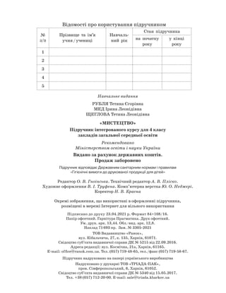 Відомості про користування підручником
№
з/п
Прізвище та ім’я
учня
 
/
 
учениці
Навчаль-
ний рік
Стан підручника
на початку
року
у кінці
року
1
2
3
4
5
Навчальне видання
РУБЛЯ Тетяна Єгорівна
МЕД Ірина Леонідівна
ЩЕГЛОВА Тетяна Леонідівна
«МИСТЕЦТВО»
Підручник інтегрованого курсу для 4 класу
закладів загальної середньої освіти
Рекомендовано
Міністерством освіти і науки України
Видано за рахунок державних коштів.
Продаж заборонено
Підручник відповідає Державним санітарним нормам і правилам
«Гігієнічні
 
вимоги до друкованої продукції для дітей»
Редактор О. В. Гноінська. Технічний редактор А. В. Пліско.
Художнє оформлення В. І. Труфена. Комп’ютерна верстка Ю. О. Неджері.
Коректор Н. В. Красна
Окремі зображення, що використані в оформленні підручника,
розміщені в мережі Інтернет для вільного використання
Підписано до друку 23.04.2021 р. Формат 84×108/16.
Папір офсетний. Гарнітура Прагматика. Друк офсетний.
Ум. друк. арк. 13,44. Обл.-вид. арк. 12,8.
Наклад 71
 
693 пр. Зам. № 3305-2021
ТОВ Видавництво «Ранок»,
вул. Кібальчича, 27, к. 135, Харків, 61071.
Свідоцтво суб’єкта видавничої справи ДК № 5215 від 22.09.2016.
Адреса редакції: вул. Космічна, 21а, Харків, 61165.
E-mail: office@ranok.com.ua. Тел. (057) 719-48-65, тел./факс (057) 719-58-67.
Підручник надруковано на папері українського виробництва
Надруковано у друкарні ТОВ «ТРІАДА-ПАК»,
пров. Сімферопольський, 6, Харків, 61052.
Свідоцтво суб’єкта видавничої справи ДК № 5340 від 15.05.2017.
Тел. +38 (057) 712-20-00. Е-mail: sale@triada.kharkov.ua
 