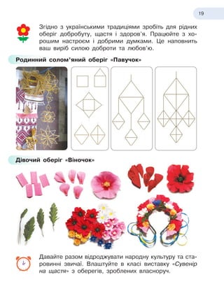 19
Згідно з українськими традиціями зробіть для рідних
оберіг добробуту, щастя і здоров’я. Працюйте з хо-
рошим настроєм і добрими думками. Це наповнить
ваш виріб силою доброти та любов’ю.
Родинний солом’яний оберіг «Павучок»
Дівочий оберіг «Віночок»
Давайте разом відроджувати народну культуру та ста-
ровинні звичаї. Влаштуйте в
 
класі виставку «Сувенір
на щастя» з
 
оберегів, зроблених власноруч.
 