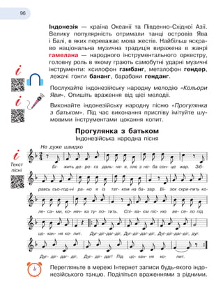 96
Індонезія — країна Океанії та Південно-Східної Азії.
Велику популярність отримали танці островів Ява
і
 
Балі, в яких переважає мова жестів. Найбільш яскра-
во національна музична традиція виражена в жанрі
гамелана
 
— народного інструментального оркестру,
головну роль в якому грають самобутні ударні музичні
інструменти: ксилофон гамбанг, металофон гендер,
лежачі гонги бананг, барабани генданг.
Послухайте індонезійську народну мелодію «Кольори
Яви». Опишіть враження від цієї мелодіі.
Виконайте індонезійську народну пісню «Прогулянка
з батьком». Під час виконання приспіву імітуйте шу-
мовими інструментами цокання копит.
Прогулянка з батьком
Індонезійська народна пісня
Перегляньте в мережі Інтернет записи будь-якого індо-
незійського танцю. Поділіться враженнями з рідними.
Бі- жить до- ро- га даль- ня- я, ллє з не- ба сон- це жар. Зіб-
равсь сьо-год-ні ра- но я із тат- ком на ба- зар. Ві- зок скри-пить ко-
ле- са- ми, ко- няч- ка ту- по- тить. Спі- ва- єм піс- ню ве- се- ло під
цо- кан- ня ко- пит. Дуг-діг-даг-діг, Дуг-діг-даг-діг, Дуг-діг-даг-діг, дуг.
Дуг- діг- даг- діг, Дуг- діг- даг! Під цо- кан- ня ко- пит.
Не дуже швидко
Текст
пісні
 