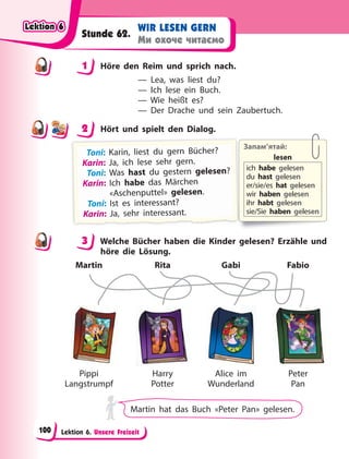 Lektion 6. Unsere Freizeit
WIR LESEN GERN
Ми охоче читаємо
Stunde 62.
1 Höre den Reim und sprich nach.
— Lea, was liest du?
— Ich lese ein Buch.
— Wie heißt es?
— Der Drache und sein Zaubertuch.
2 Hört und spielt den Dialog.
Запам’ятай:
lesen
ich habe gelesen
du hast gelesen
er/sie/es hat gelesen
wir haben gelesen
ihr habt gelesen
sie/Sie haben gelesen
T
Toni
i
i: K
Kari
in, l
liest d
du gern B
Büch
her?
?
Karin: Ja, ich lese sehr gern.
Toni: Was hast du gestern gelesen?
?
Karin: Ich habe das Märchen
«Aschenputtel» gelesen.
Toni: Ist es interessant?
K
K
Ka
a
ar
ri
in
n
n:
:
: J
J
Ja
a
a,
,
,
,
,
,
, s
s
se
e
eh
hr
r
r i
in
nt
te
e
er
re
e
es
s
ss
s
sa
a
an
n
nt
t
t.
.
3 Welche Bücher haben die Kinder gelesen? Erzähle und
höre die Lösung.
Pippi
Langstrumpf
Martin
Harry
Potter
Rita
Alice im
Wunderland
Gabi
Peter
Pan
Fabio
Martin hat das Buch «Peter Pan» gelesen.
1
2
3
Lektion 6
Lektion 6
Lektion 6
Lektion 6
100
 