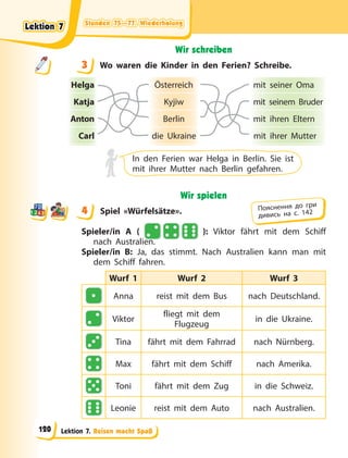 Stunden 75—77. Wiederholung
Stunden 75—77. Wiederholung
Stunden 75—77. Wiederholung
Stunden 75—77. Wiederholung
Lektion 7. Reisen macht Spaß
Wir schreiben
3 Wo waren die Kinder in den Ferien? Schreibe.
Helga Österreich mit seiner Oma
Katja Kyjiw mit seinem Bruder
Anton Berlin mit ihren Eltern
Carl die Ukraine mit ihrer Mutter
In den Ferien war Helga in Berlin. Sie ist
mit ihrer Mutter nach Berlin gefahren.
Wir spielen
4 Spiel «Würfelsätze».
Spieler/in A ( ): Viktor fährt mit dem Schiff
nach Australien.
Spieler/in B: Ja, das stimmt. Nach Australien kann man mit
dem Schiff fahren.
Wurf 1 Wurf 2 Wurf 3
Anna reist mit dem Bus nach Deutschland.
Viktor
fliegt mit dem
Flugzeug
in die Ukraine.
Tina fährt mit dem Fahrrad nach Nürnberg.
Max fährt mit dem Schiff nach Amerika.
Toni fährt mit dem Zug in die Schweiz.
Leonie reist mit dem Auto nach Australien.
3
4
4 Пояснення до гри
дивись на с. 142
Lektion 7
Lektion 7
Lektion 7
Lektion 7
120
 
