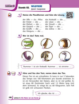 Lektion 8. Die Natur um uns herum
WILDTIERE
Дикі тварини
Stunde 83.
1 Nenne die Pluralformen und höre die Lösung.
der Affe — die Affen das Krokodil — die …
der Eisbär — die … der Löwe — die …
der Elefant — die … der Strauß — die …
der Gepard — die … der Tiger — die …
die Giraffe — die … das Zebra — die …
das Känguru — die …
2 Wer ist das? Rate mal.
1
4
2
5
3
6
Nummer 1 ist ein Krokodil. Nummer … ist ein/eine … .
3 Höre und lies den Text, nenne dann das Tier.
Dieses Tier ist am schnellsten. Es kann in nur 3 Sekunden
das Tempo von 100 Kilometern pro Stunde erreichen. Es
ist ein Verwandter der Katzen, aber es ist viel größer. Es
ist etwa 80 Zentimeter hoch und 1,5 Meter lang (mit
dem Schwanz). Es wiegt bis zu 60 Kilogramm. Sein Fell
ist gelb mit schwarzen Flecken.
Ich glaube, das ist … .
1 Lös
su
ung
g.
2
3
Lektion 8
Lektion 8
Lektion 8
Lektion 8
128
 