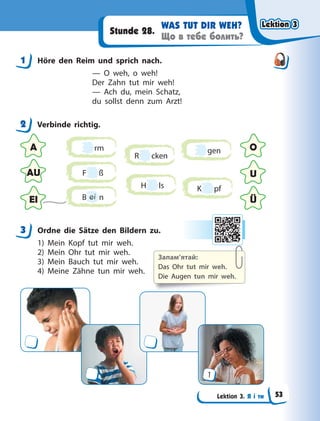 Lektion 3. Я і ти
WAS TUT DIR WEH?
Що в тебе болить?
Stunde 28.
1 Höre den Reim und sprich nach.
— O weh, o weh!
Der Zahn tut mir weh!
— Ach du, mein Schatz,
du sollst denn zum Arzt!
2 Verbinde richtig.
A O
AU
Ü
U
EI
rm
H ls
B ei n
R cken
gen
K pf
F ß
3 Ordne die Sätze den Bildern zu.
1) Mein Kopf tut mir weh.
2) Mein Ohr tut mir weh.
3) Mein Bauch tut mir weh.
4) Meine Zähne tun mir weh.
1
1
2
3
Запам’ятай:
Das Ohr tut mir weh.
Die Augen tun mir weh.
Lektion 3
Lektion 3
Lektion 3
Lektion 3
53
 
