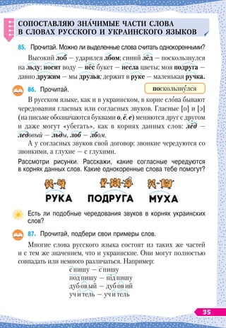 С
оп
оставляю зн
А
чимые части слова
в словах р
у
сского и
у
краинского языков
85.
	
Прочитай. Можно ли выделенные слова считать одно
­
коренными?
Высокий лоб
 
— ударился лбом; синий лёд
 
— поскользнулся
на льду; носит воду
 
— нёс букет
 
— несла цветы; моя подруга
 
—
давно дружим — мы друзья; держит в руке
 
— маленькая ручка.
86.
	
Прочитай.
В русском языке, как и в украинском, в корне слова бывают
чередования гласных или согласных звуков. Гласные [о] и [э]
(на письме
 
обозначаются буквами о, ё, е) меняются друг с другом
и даже могут «убегать», как в корнях данных слов: лёд
 
—
ледовый
 
— льды, лоб
 
— лбом.
А у согласных
 
звуков свой договор: звонкие чередуются со
звонкими, а глухие
 
— с глухими.
Рассмотри рисунки. Расскажи, какие согласные чередуются	
в корнях данных слов. Какие однокоренные слова тебе помогут?
Есть ли подобные чередования звуков в корнях украинских
слов?
87.
	
Прочитай, подбери свои примеры слов.
Многие слова русского языка состоят из таких же частей
и с тем же значением, что и украинские. Они могут полностью
совпадать или немного различаться. Например:
спишу
 
— спишу
подпишу
 
— підпишу
дубовый
 
— дубовий
учитель
 
— учитель
поскользнулся
35
 
