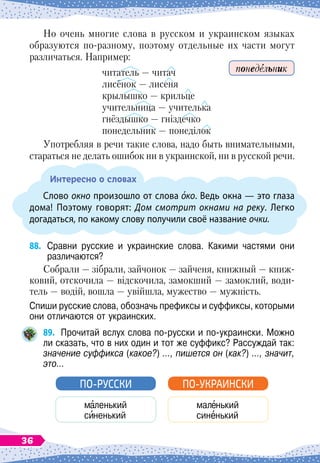 Но очень многие слова в русском и украинском языках
образуются по-разному, поэтому отдельные их части могут
различаться. Например:
читатель
 
— читач
лисёнок
 
— лисеня
крылышко
 
— крильце
учительница
 
— учителька
гнёздышко
 
— гніздечко
понедельник
 
— понеділок
Употребляя в речи такие слова, надо быть внимательными,
стараться не делать ошибок ни в украинской, ни в русской речи.
Интересно о словах
Слово окно произошло от слова ко. Ведь окна — это глаза
дома! Поэтому говорят: Дом смотрит окнами на реку. Легко
догадаться, по какому слову получили своё название очки.
88.
	
Сравни русские и украинские слова. Какими частями они	
различаются?
Собрали
 
— зібрали, зайчонок
 
— зайченя, книжный
 
— книж-
ковий, отскочила
 
— відскочила, замокший
 
— замоклий, води-
тель
 
— водій, вошла
 
— увійшла, мужество
 
— мужність.
Спиши русские слова, обозначь префиксы и суффиксы, которыми
они отличаются от украинских.
89.
	
Прочитай вслух слова по-русски и по-украински. Можно
ли сказать, что в них один и тот же суффикс? Рассуждай так:
значение суффикса (какое?) …, пишется он (как?) …, значит,
это…
м ленький
синенький
ПО-РУССКИ
мал нький
синенький
ПО-УКРАИНСКИ
понедельник
36
 